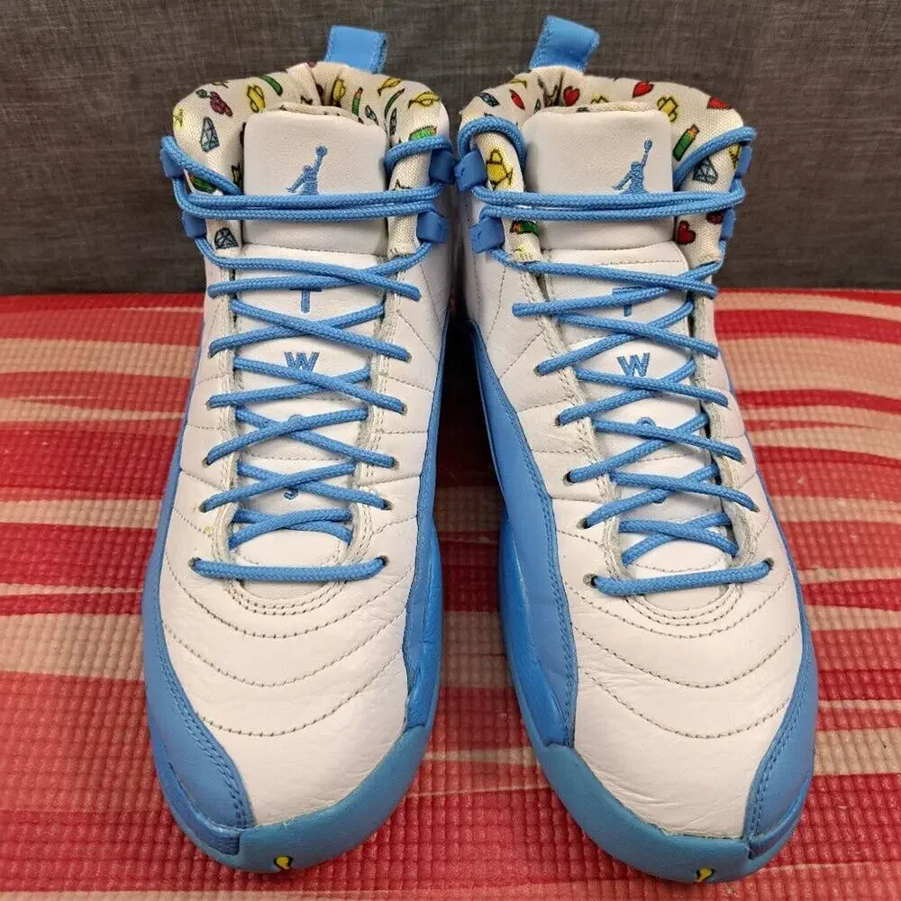 %Nike 5Y/W6.5 Air Jordan 12 University Blue UNC Emoji GS Sneakers / AJ10